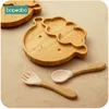 Cups Derees Uitrusting 1set Baby Voedingskom Duit bord Cartoon schapen Bamboo Kinderen Dinely met Silicone Suction Cup Houten Fork Spoo 221109