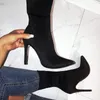 Kobiety na pół kolanowe buty solidne czarne szpilki obcasy elastyczne tkanin