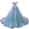 Spetsar en linje bröllopsklänningar 3d applicerad lyx från axel brudklänningar kapell tyll vestido de novia plus size ons quinceanera klänningar