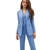 Costume pantalon bleu élégant pour femmes, 3 pièces, coupe cintrée, taille haute, tenue de soirée, Blazer, ensemble pantalon évasé