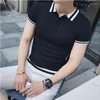 Men's Polos British Style Summer Ice Silk Short Sleeve Knitted Polo Shirt Men Clothing Fashion Striped Lapel Slim Fit Casual Tee