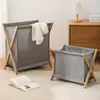 Home Storage Baskets Bamboo Wooden Frame Folding Dirty Clothes Baskets Fabric House Clothing Organization Box Multi-Purpose Simple Laundry Basket