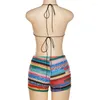 Courses de surv￪tement pour femmes Ensemble 2 pi￨ces Femme Halter Crop-top Camis et Skinny Biker Shorts Boho Stripes Backless BodyCon Tenues Colorful Summer