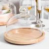 プレート木製ケーキトレイガラスガラスカバーパンデザートディスプレイプレート回転ベース北欧装飾家庭用キッチンベーキング用品