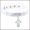 Chokers Laser Rainbow Leather Choker Halsband krage med Jesus Cross Pendant Women Fashion Slave Hip Hop Jewelry Will och Sandy Dr Dhrgk