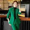 Pantalon deux pièces pour femmes Lenshin 2 ensembles tenues d'hiver pour femmes col cranté solide bureau d'affaires dames vêtements de travail blazer vert et costume pantalon