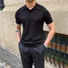 Herrpolos 2022 Summer Plaid Sticked Polo Shirts Men Short Sleeve V-Neck Lapel Tee Tops Elasticity Slim Casual Business Social