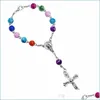 Bracelets de charme 8mm Colorf Perles Acryliques Catholique Rosaire Bracelet Femmes Religieux Jésus Croix Crucifix Bracelets Hip Hop Bijoux Dro Dhkx3