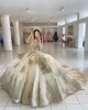 2023 Vestidos quinceanera de contas de champanhe com renda para cima Aplicado Aplicado de manga comprida Princesa vestido de baile de baile desgaste vestido de máscaras