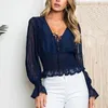 Blouses pour femmes Col en V profond cordon de serrage chemisier pour femme manches longues bouffantes taille élastique en mousseline de soie pour femme 2022 volants sexy Ins Crop Tops