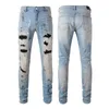 Schwarze Stretch-Denim-Jeans für Herren, Kristall-Diamant-Patch, Schadensloch, schmale Passform, Leg305T