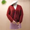 Puntos de las mujeres Señoras Mujeres Moda Vino Hairy Mink Cashmere Escote en V profundo Mangas largas Chaquetas cortas Chaqueta de invierno de piel de angora Abrigo Suéter