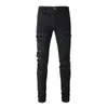 Jeans da uomo in denim nero con toppe screpolate elasticizzate