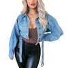 Women's Jackets Denim Jacket For Women Casual Long Puff Sleeve Button Down Cropped Jean Coats Fashion Crop With Belt Streetwear