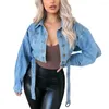 Damenjacken, Jeansjacke für Damen, lässig, lange Puffärmel, Knopfleiste, abgeschnittene Jean-Mäntel, modische Ernte mit Gürtel, Streetwear