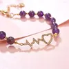 Link Bracelets Cadeia de liga de zinco AMethysts Purple Crystal Strand Strand Yoga Healing Jóia Pulseira de Coração 7.5 polegadas Y998