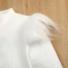 Kläderuppsättningar 1-6Y Kids Girls Autumn Clothes Set Baby Solid Color Feather Trim Long Sleeve Knit Tops Pu Leather Belted Kirt Children Outfit 221110