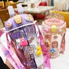 ウォーターボトル430mlかわいい子供ダブルドリンクボトルストローポータブル学生カップル3Dステッカー付きプラスチックカップギフト