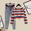 Pantaloni a due pezzi da donna 2022 Autunno Donna 2 Set Coreano Fashion Block Color Striped Pullover con cappuccio Vita alta Jeans All-match Tute O20