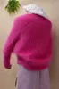 Puntos de las mujeres W6 Señoras Mujeres Moda Rosa Lindo Estilo corto Crop Top Visón Cachemira Punto Cardigans Chaqueta de piel de angora Abrigo Suéter Pull