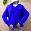 Suéteres para mujer Señoras Mujeres Moda Azul Peludo Peluche Mink Cashmere Punto Mangas largas Split V-cuello suelto Jersey Angora Fur Jumper