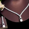 Collana Orecchini Set CWWZircons Zircone cubico lucido Da sposa Matrimonio Perla Cena da sera Costume da festa per le donne T673