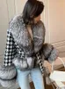 Femmes fourrure BLUENESSFARI 2022 veste d'hiver femmes ceinture vrai manteau naturel col poignets Plaid épais chaud Streetwear Outwear