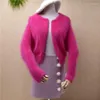 Puntos de las mujeres W6 Señoras Mujeres Moda Rosa Lindo Estilo corto Crop Top Visón Cachemira Punto Cardigans Chaqueta de piel de angora Abrigo Suéter Pull