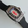 07-01 Carbon Fiber Diamonds Miyota Automatic Ladies Watch Womens Watches Two Tone Rose Gold Red Skeleton Dial Black Rubber Strap Super Edition 3 Styles Puretime A1