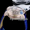 BZF Astronomia Tourbillon Baguette Montre à quartz suisse pour homme Boîtier en acier or rose pavé de diamants Squelette D Globe Cadran rotatif Bracelet en cuir bleu Montres d'éternité