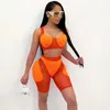 Women's Tracksuits Sheer Mesh Skinny Sexy Shorts Set Women Color Patchwork See-through Bodycon 2 Piece Club And Tank Crop Top