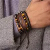 Странд мужские браслеты устанавливают полированные черные шарики оникса браслеты с огражденными натуральным гематитовым каменным браслетом кожа регулируем
