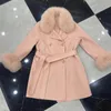 Women's Wool 2022 Autumn Female Lady's Coat Fur Collar Cuff Girl's Young Winter Pink White Slim Belt Medium Woolen