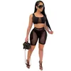 Women's Tracksuits Sheer Mesh Skinny Sexy Shorts Set Women Color Patchwork See-through Bodycon 2 Piece Club And Tank Crop Top