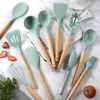 Silicone Kitchen Utensil Set 12 Pieces Cooking with Wooden Handles Holder for Nonstick Cookware Spoon Soup Ladle Slotted Whisk Tongs Brush FY2471 ss1111