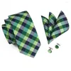 Bow Ties 2022 Fashion Green Black and White Plaid Tie Hanky ​​Cuffe Links Silk Coldie for Men Foral Business Wedding Party C-406