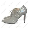 Sapatos de salto alto feitos à mão femininos de couro envernizado com cadarço para cima bico fino fabuloso cinza sapatos de festa femininos tamanho 5-15