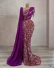 Magnifique robes de soirée violettes sirène serme à épaule perles de bal robe de bal sexy high fendre robe de soirée