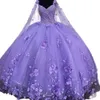 Glitter Light Purple Quinceanera Elbiseler Spagetti kayışları sarmal tatlı 15 önlük 3d çiçek aplikler boncuklu balo parti vestidos zemin uzunluğu 2023