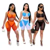 Women's Tracksuits Sheer Mesh Skinny Sexy Shorts Set Women Color Patchwork See-through Bodycon 2 Piece Club And Tank Crop Top