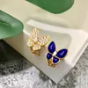 Stud Earrings Fashion Copper Gold Plated Jewelry Exquisite Simple Metallic Lapis Lazuli Diamond Double Butterfly