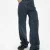 Jeans feminino azul escuro da mulher alta cintura alta vintage calça de jeans folgada de streetwear
