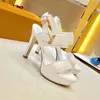 2022 designer luxury Super high heels sandals L family classic women Leather Pure color Casual shoes lady sexy Hardware v buckle stiletto heels Hollow open toe sandal