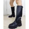 Bootsbrand Design Gothic Style Female Stiefel Square Ferse Slip-on Black Knie-hohe Metalldekoration Coole Street mit mittlerer Kälte Frauen Stiefel G221110