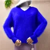 Dames truien dames dames mode blauw harige pluche mink kasjmier gebreide lange mouwen gesplitste v-neck losse pullover angora bont jumper