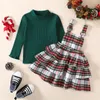 의류 세트 크리스마스 유아 여자 옷 가을 겨울 아기 ​​어린이 아이들은 따뜻한 솔리드 스웨터 격자 무늬 서스펜더 드레스 221110