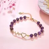 Link Armbänder Zinklegierung Kette Naturstein Amethyste Lila Kristall Strang Damen Yoga Heilung Schmuck Herz Armreif 7,5 Zoll Y998