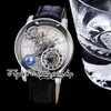 BZF Astronomia Tourbillon Baguette Swiss Quartz Mens Watch Rose Gold Steel Case Paved Diamonds Skeleton D Globe Rotate Dial Blue Leather Strap Eternity Watches