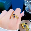 Wedding Rings 14K Gold Plated Leaf Flat Fashion Simple Adjustable Sapphire Luxury Finger Ring Elegant CZ Women Party Jewelry