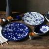 Plates Hand Painted Ceramic Plate Tableware Creative Blue And White Plum Underglaze Microwave Dish Set Household Japanese Style